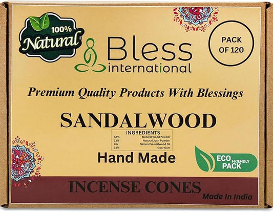 Bless International Sandalwood 100%-Natural-Incense-Cones Handmade-Hand-Dipped Organic-Chemicals-Free for-Purification-Relaxation-Positivity-Yoga-Meditation The-Best-scents 120 Count BlessInternational