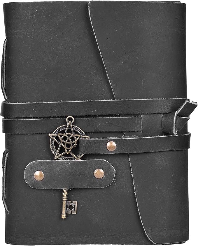LEATHER VILLAGE Leather Bound Vintage Journal for Women & Men - 7"X5"(A7), Distressed Black, 200 Pages of Handmade Deckle Edges Watercolor Paper - Antique Lock Closure - Book of Shadow - Bloomnest