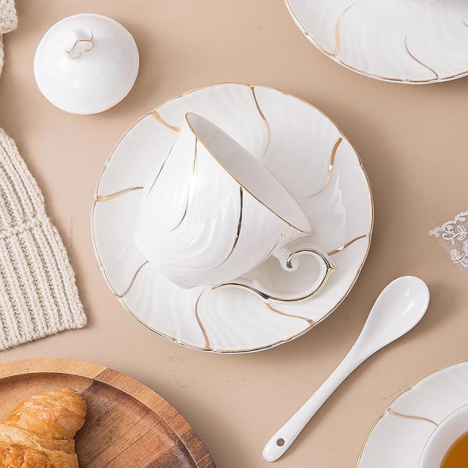 Tea Set 21-Piece Porcelain tea cups and saucers set of 6 with Sugar and Creamer Set & Teapot,teapot set for Adults, Women Tea Party,White - Bloomnest