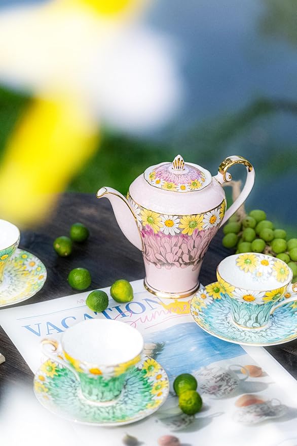 Aynsley Corset Daisy 9-Piece Tea Set with Pink Teapot & Fine Bone China Tea Cups and Saucer Set, English Floral Design with Gold Trim, Luxury Gift - Bloomnest