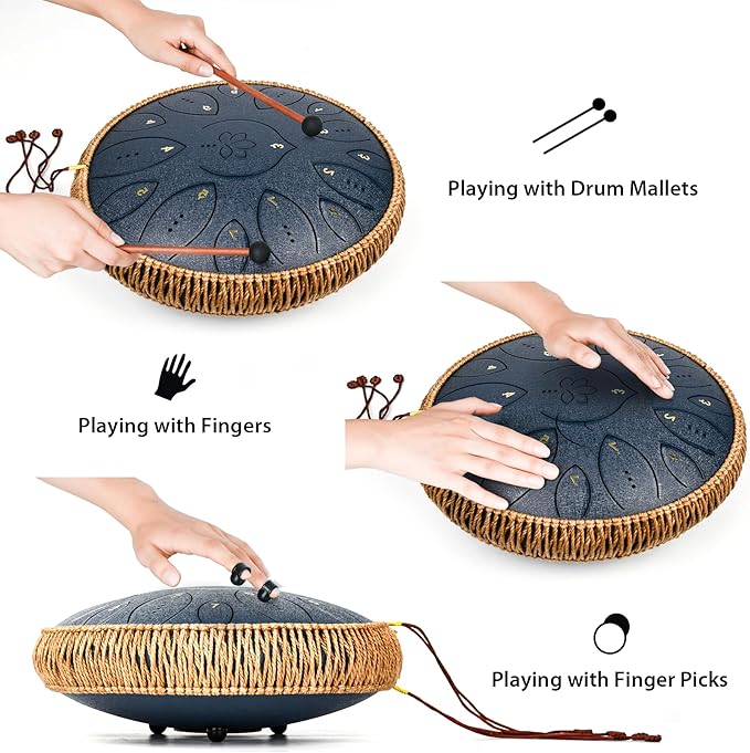 Steel Tongue Drum 13 Inches 15 Notes, Hand Pan Drums for Adults 440hz, C Major Handpan Musical Instrument with Song Book, Mallets and Carry Bag, Navy Blue - Bloomnest