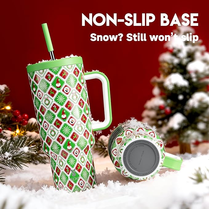 Meoky 40 oz Christmas Tumbler with Handle and Straw, Xmas Tumbler with Lid and Straw, Insulated Stainless Steel Travel Mug, Christmas Gifts for Women Men Adults (Snowy Santa) - Bloomnest