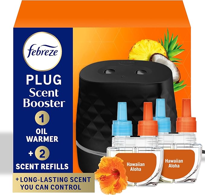 Febreze Plug Scent Booster Starter Kit, Black, Oil Diffuser, Air Freshener Plug in, Continuous Scent Device + 2 Hawaiian Aloha Refill - Bloomnest