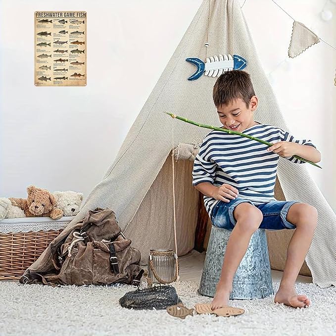 Boy's Fishing Gifts Vintage Fresh Water Gamefish Knowledge Tin Sign for Man Cave Boys Hunting Room Bedroom Lake House Cabin Wall Art Decor 8x12 Inch (3069) - Bloomnest
