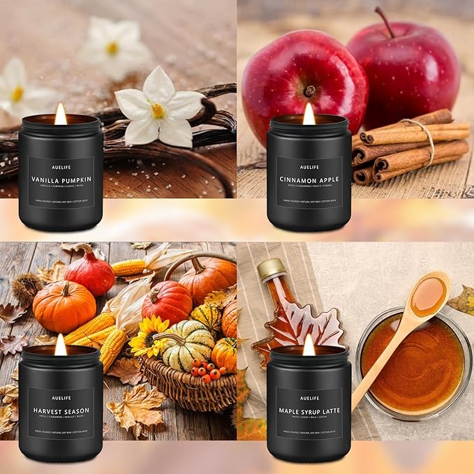 Fall Candles, 4 Pack Soy Candles Set - Autumn Scents of Vanilla Pumpkin, Cinnamon Apple, Harvest Season, Maple Syrup Latte, Aromatherapy Fall Gifts for Men & Women, Thanksgiving Home Decor - Bloomnest