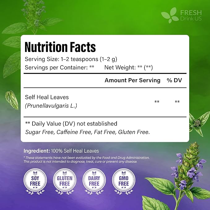 FreshDrinkUS, Premium Self Heal Leaves Loose Leaf Tea – 4oz (113g) Cut & Dried Herbal Leaves | Naturally Aromatic | Caffeine-Free Herbal Infusion | 100% Natural Loose Leaves. Preservative-Free. Vegan - Bloomnest