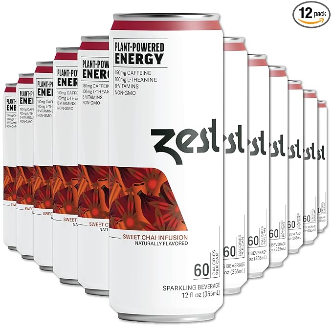 Zest Clean Energy Drink – Sweet Chai Infusion – 150mg Caffeine + 100mg L-Theanine – Natural Focus & Concentration Boost – Healthy Energy Drink 12oz Can 12 Pack – Low Sugar, No Artificial Sweeteners - Bloomnest