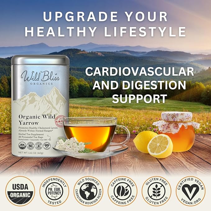 Wild Bliss Organic Yarrow Tea - Caffeine Free Herbal Tisane - Pharmacopoeia Potency - 20 Plant Based Tea Bags - Bloomnest