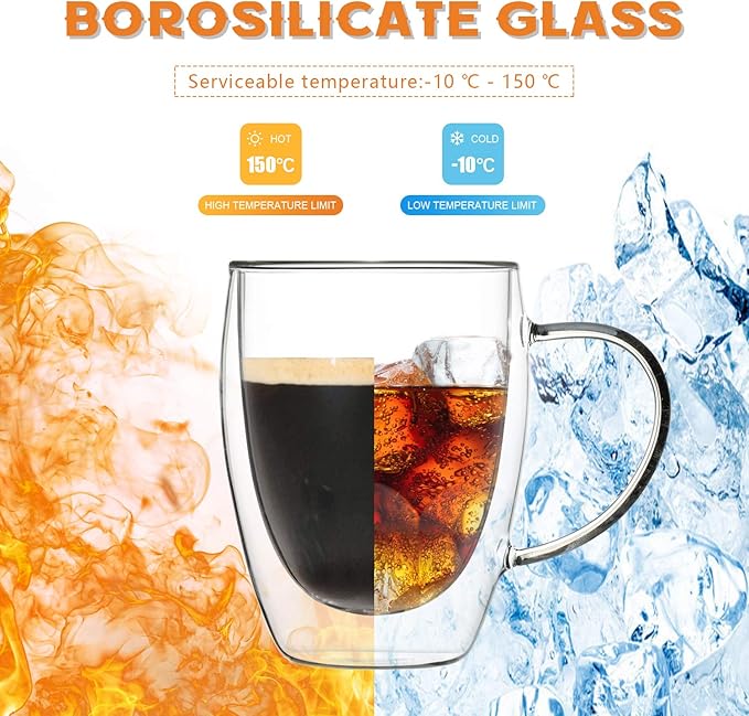 MEWAY 12oz/6 pack Coffee Mugs,Clear Glass Double Wall Cup with handle for Coffee, Tea, Latte, Cappuccino (12 oz，6) - Bloomnest