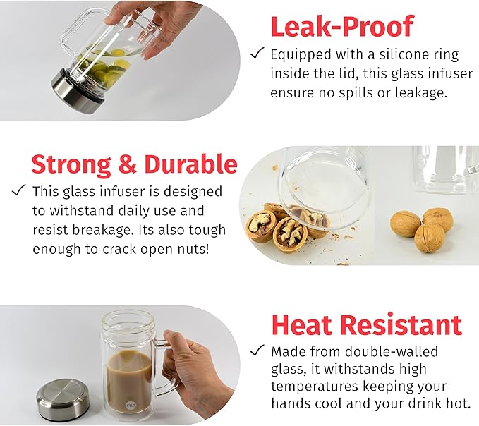 Custom 13oz/380ml Glass Infuser Tea Tumbler w/Handle, Durable Double-Walled Borosilicate Glass for Loose Leaf Tea & Coffee,304 Stainless Steel Lid & Strainer,Heat Resistant & Leak-Proof - Bloomnest