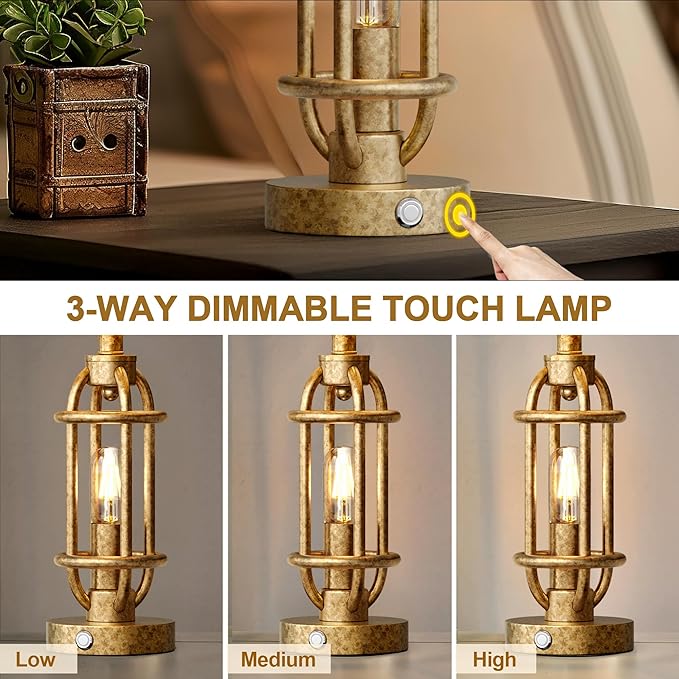 23.75'' Table Lamps Set of 2 for Living Room Bedroom Industrial Farmhouse Metal Touch Lamps with USB A+C Ports, Night Light Vintage Nightstand Bedside Lamp, Bulbs Included, Champagne Gold - Bloomnest
