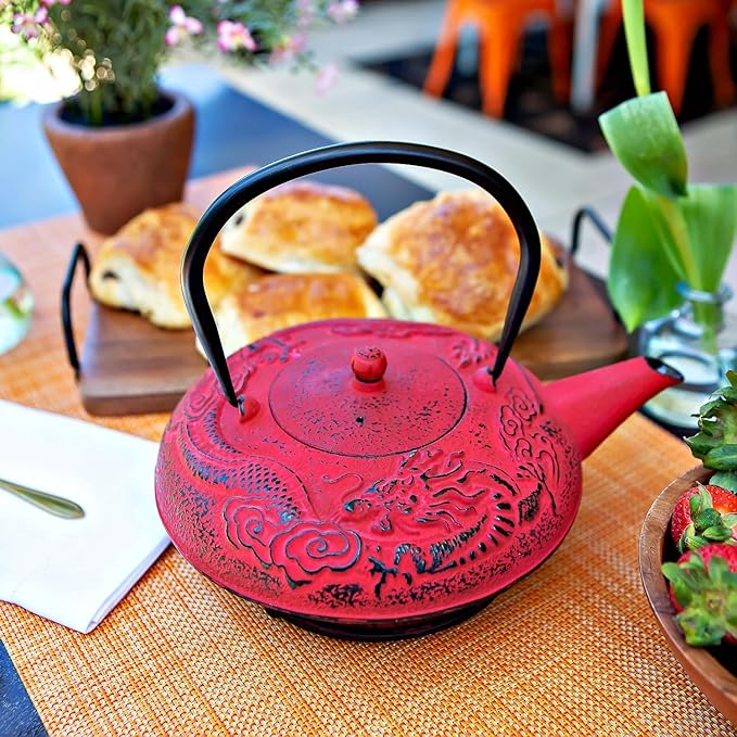 Large Cast Iron Tea Kettle Set - 40oz/1200ml Japanese Teapot with Infuser & Matching Trivet - Tetsubin Iron Tea Pot Japanese Style with Enamel Interior - Handcrafted Dragon Teapot Humidifier - Red