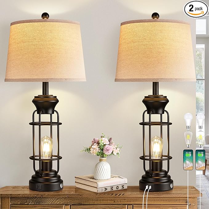 Black Table Lamps Set of 2, 28.5" Farmhouse Lamps for Living Room with USB C+A Ports, Touch Lamps for Bedroom, LED Bulbs Included - Bloomnest