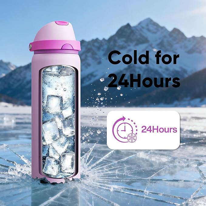Insulated Water Bottle with Straw - Encool Stainless Steel Water Bottle with Push Button Lid, Leak-Proof & BPA-Free, Keeps Cold for 24 Hours for Sports, Travel, Gym (32 oz, Thistle-Fuchsia) ENCOOL