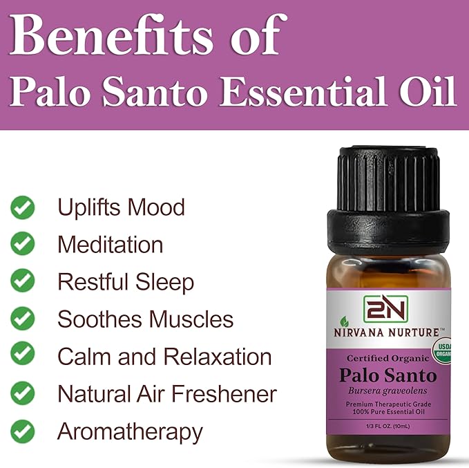 Palo Santo Essential Oil, USDA Certified Organic, 100% Pure Undiluted, Aromatherapy Oil for Diffuser, Hair & Skin Care NirvanaNurture