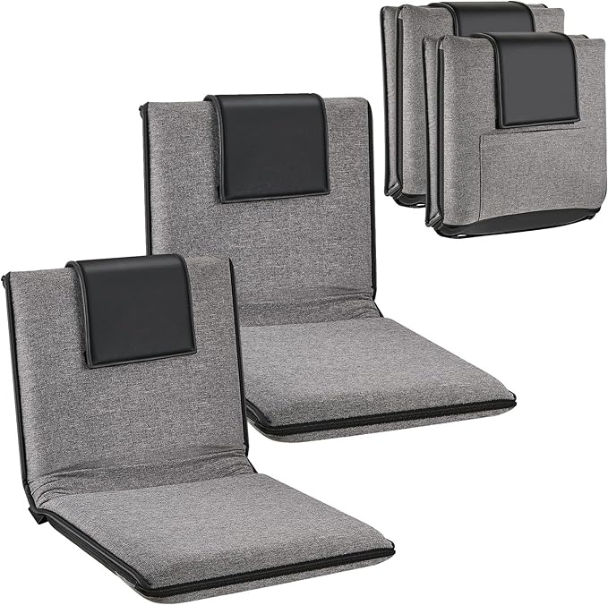 2 Pcs Adjustable Floor Chair with Back Support, Padded Seat, Portable, Meditation Cushion, Fully Folding Backrest for Adult, Kid, Gaming - Linen Washable Cover, Nylon Bottom (Gray, Black) - Bloomnest