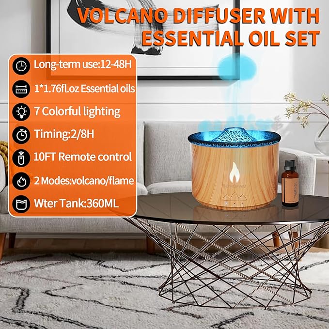 BOHOFAM Aroma Essential Oil Diffuser 360 ML,Volcano and Flame Diffuser/Humidifier,Give1.76 oz Hotel Collection Diffuser Oils,7 Colorful Light Change,Diffusers for Home,Large Room(Wood Grain) - Bloomnest