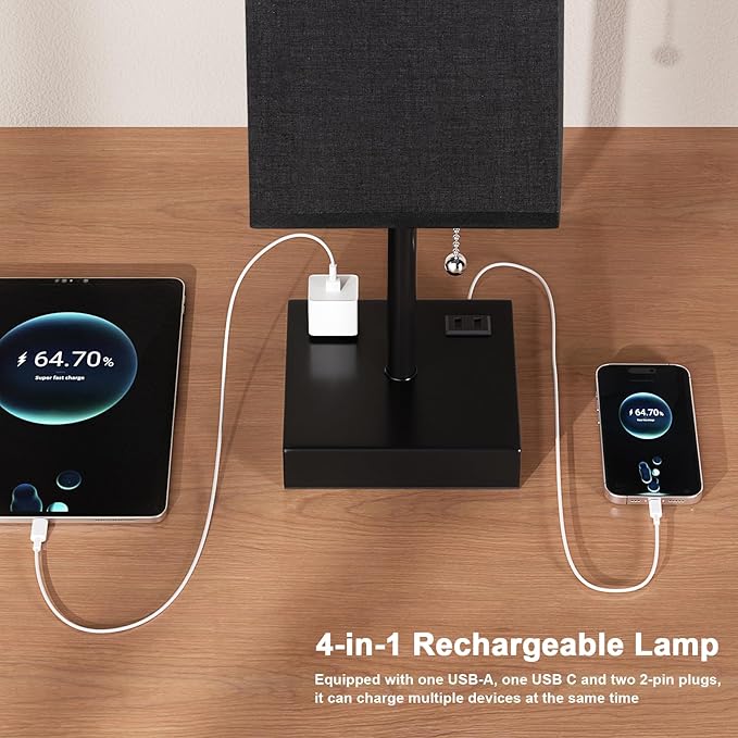Plus Black Bedside Table Lamps Set of 2 - Bedroom Lamps with 3 Colors (3000K/5000K/4000K), Square Nightstand Lamp with USB C + A Charging Ports and 2 AC Outlets, Pull Chain Night Light for End Table - Bloomnest
