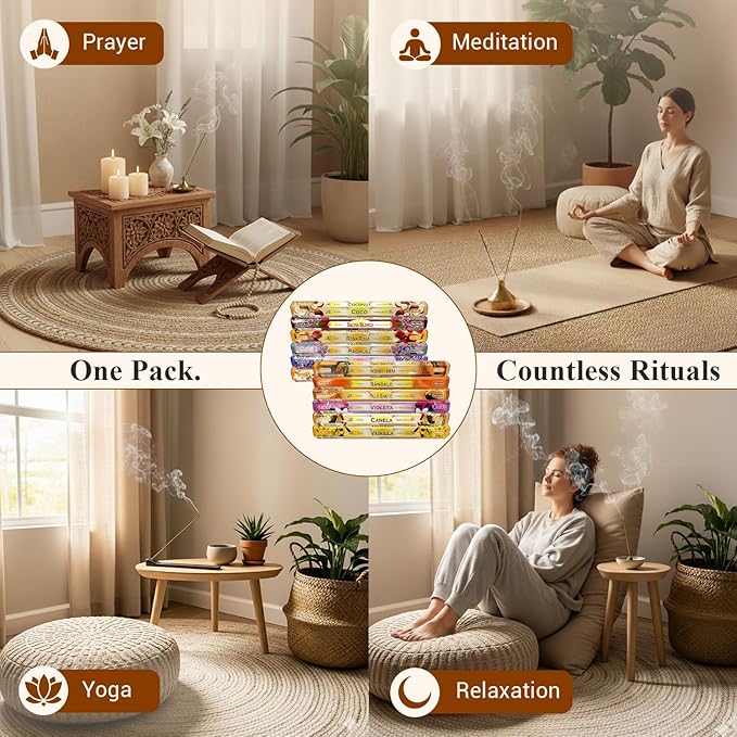 Tulasi Incense Sticks Pack of 12 Natural Scent (240 Sticks) Variety Fragrance of Coconut, White Sage, Red Rose, Palo Santo Lavender & Cinnamon etc, Ideal for Meditation & Positive Vibes Tulasi