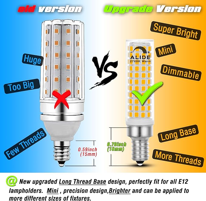 ALIDE Dimmable E12 100 Watt Equivalent LED Candelabra Bulbs C7,2700K Warm White,1000LM T6 E12 10W LED Ceil Fan Light Bulbs for Chandelier Pendant Lighting Salt Lamp,5 Pack - Bloomnest