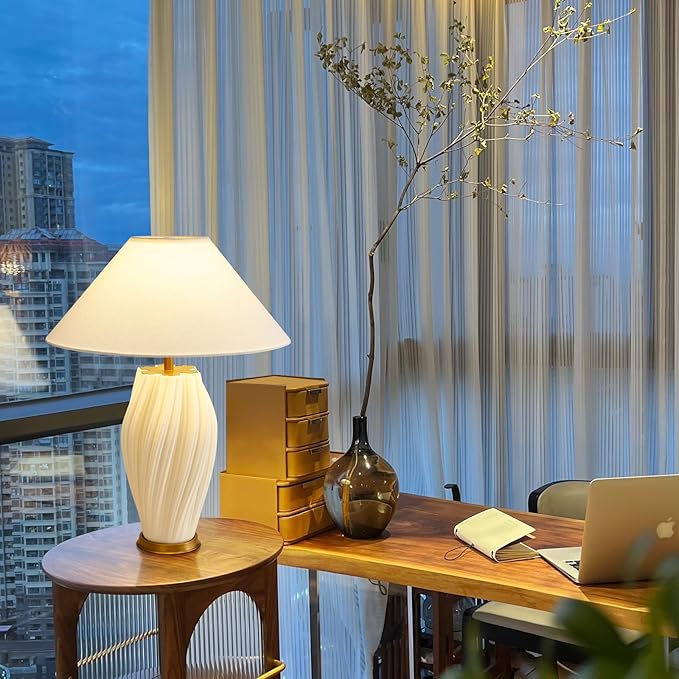 Modern Plug in Ceramic Table Lamps 24.5In, White Textured Table Lamp Tables Decorative for Living Room Bedroom Bedside Nightstand Room Office - Bloomnest