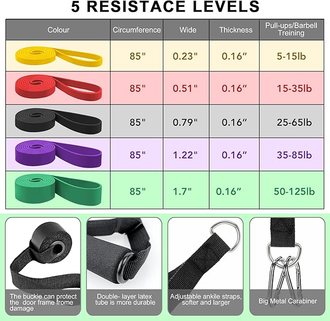 Resistance Bands, Workout Bands, Stretch Bands for Working Out, Long Exercise Bands Set with Handles & Door Anchorfor Fitness, Pull Up Training Bands for Physical Therapy, Muscle Training. - Bloomnest