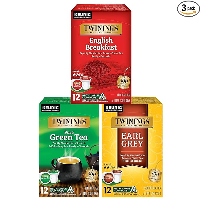 Twinings 36 K-Cup Pods Variety Pack, Includes English Breakfast, Earl Grey, and Green for Keurig and Single Cup Brewers, 12 Count (Pack of 3), Caffeinated, Enjoy Hot or Iced - Bloomnest