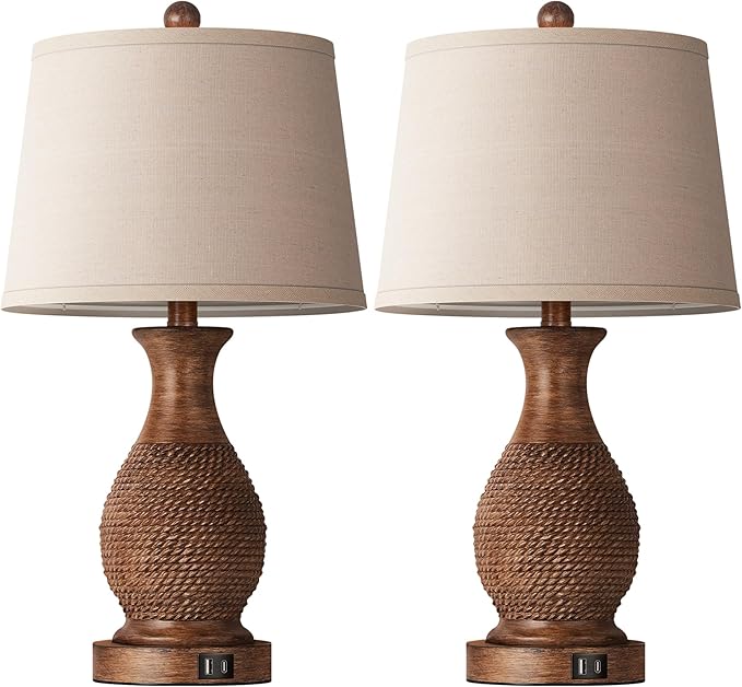 PARTPHONER Table Lamps Set of 2, Bedside Touch Lamp with USB C+A Charging Ports, Side Table Lamp with Linen Fabric Shade (LED Bulbs Included), Wood - Bloomnest