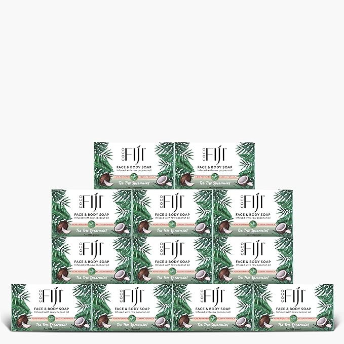 Coco Fiji Soap Bar for Face and Body Infused With Organic Coconut Oil, Tea Tree Spearmint, Essential Oil, Natural Soap for Moisturizing & Pore Purifying Skin, 7 oz,Pack of 12