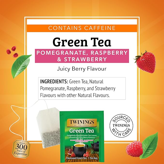 Twinings Green Tea with Pomegranate, Raspberry, & Strawberry Individually Wrapped Bags, 20 Count (Pack of 6), Caffeinated, Enjoy Hot or Iced, 120 Teabags - Bloomnest