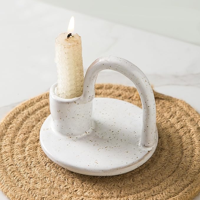 Candle Holder, Ceramic Candle Holder, Christamas Candlestick Holder, for Taper Candles, Vintage Home Decor - White Taper Holder with Handle and Spots - Rustic Style - Bloomnest