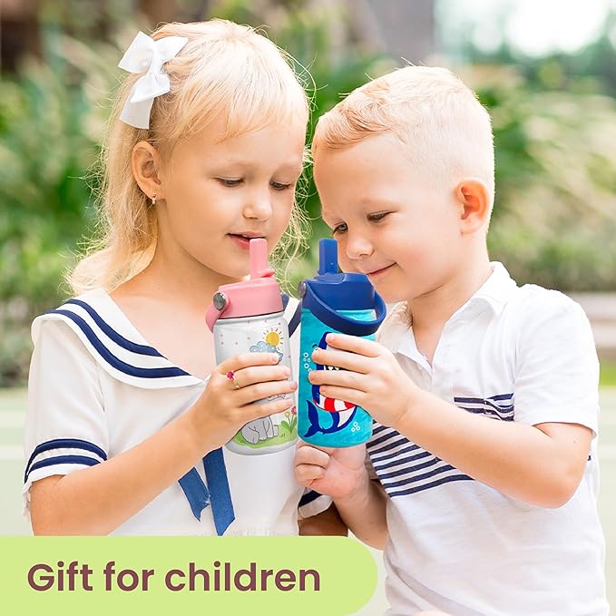 Elephant Water Bottle - Kids Water Bottle with Straw Lid - 12 Oz Insulated Stainless Steel Water Bottles for Kid Girl - Travel Cup for School Sports - Bloomnest