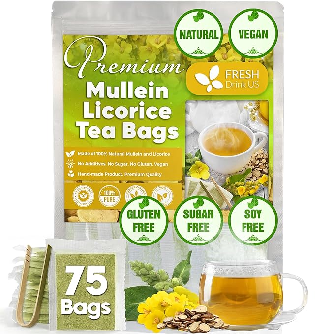 FreshDrinkUS, Premium 75 Mullein Licorice Tea Bags, 100% Natural, Blend of Mullein Leaves, and Licorice Root. Made with Natural Material Tea Bags. No Sugar, Vegan. - Bloomnest