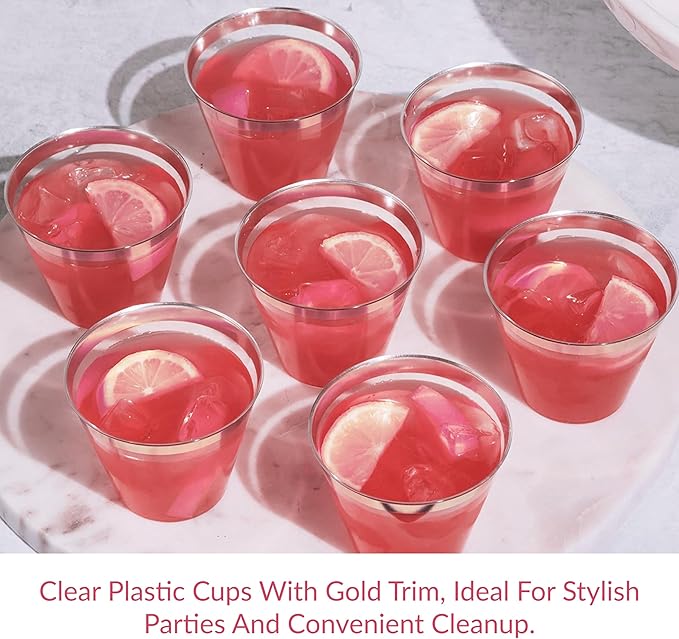Prestee 200 Rose Gold Plastic Cups, 9oz – Elegant Hard Disposable Tumblers for Wine, Cocktails & Beverages – Clear Plastic Cups with Rose Gold Rim – Bulk Party Drinkware for Weddings, Holidays & Event - Bloomnest