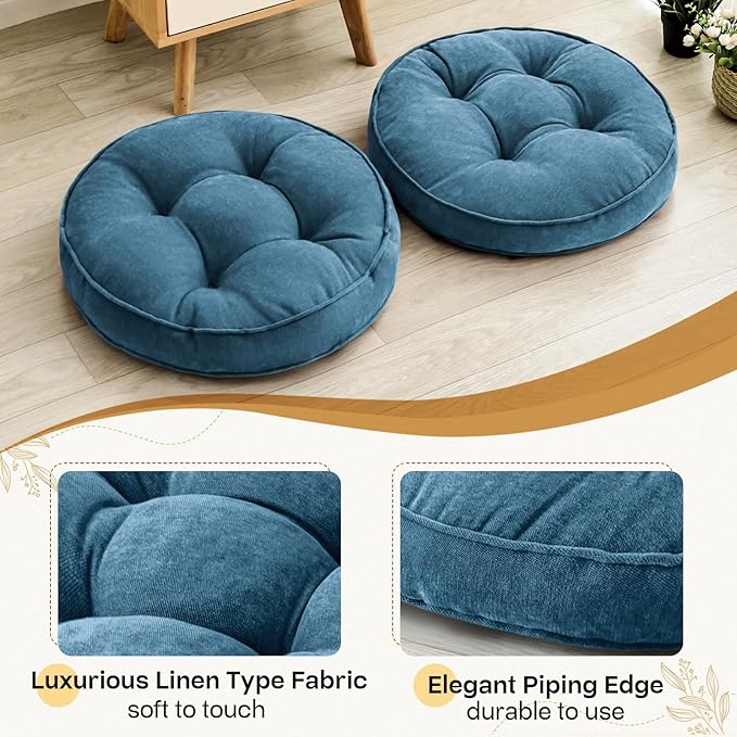 Floor Pillow Set of 2, Memory Foam Floor Cushions for Adults, Large Round Meditation Pillow for Sitting, 22 x 22 Inches (Round | Navy)