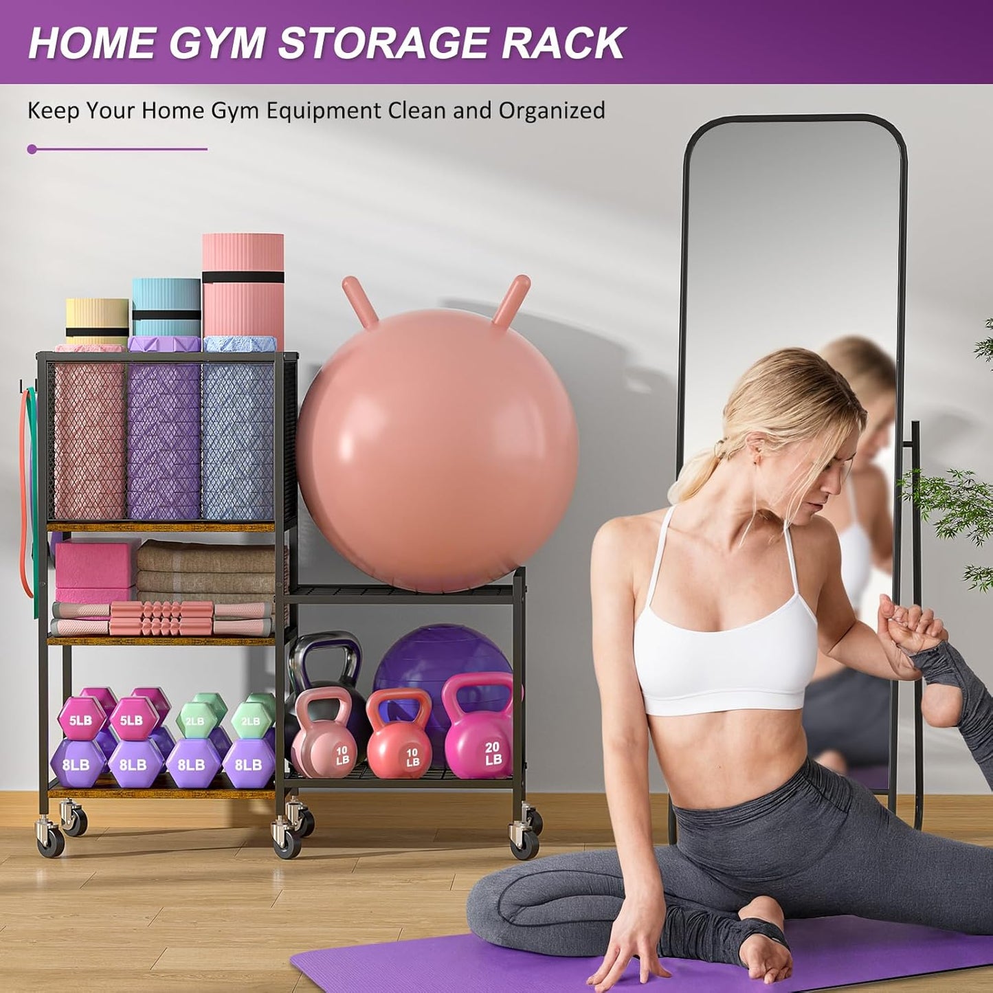 5 Tier Dumbbell Rack, Yoga Mat Storage Holder, Home Gym Storage Rack, Workout Equipment Storage Organizer, Weight Storage Holder Rack with Hooks and Wheels
