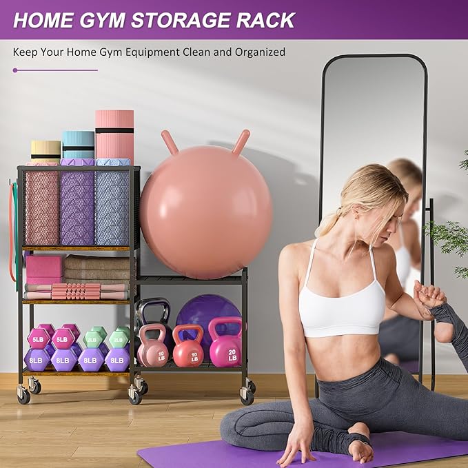 5 Tier Dumbbell Rack, Yoga Mat Storage Holder, Home Gym Storage Rack, Workout Equipment Storage Organizer, Weight Storage Holder Rack with Hooks and Wheels - Bloomnest