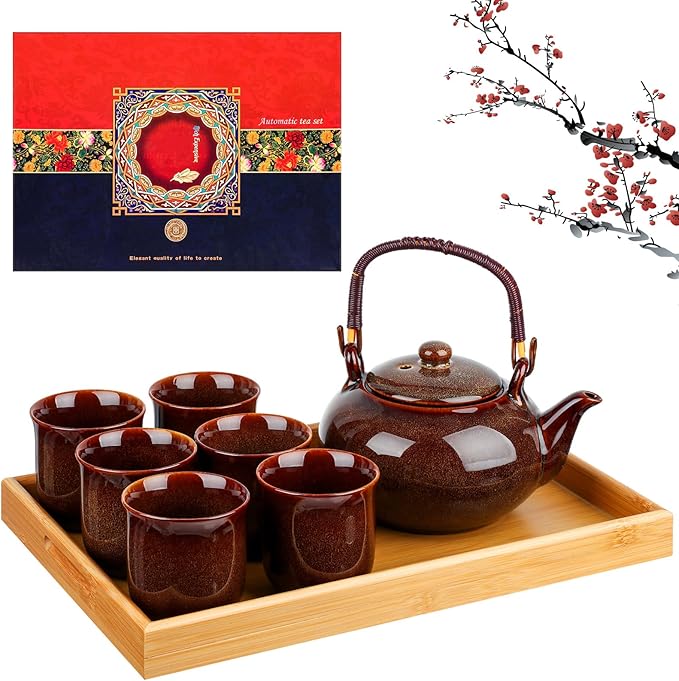 Layhit Japanese Asian Tea Set for Adults with 1 Teapot 6 Cups 1 Tray Traditional Portable Japanese Kiln Altered Glaze Porcelain Tea Set for Women Mother's Day Gifts(Brown) - Bloomnest