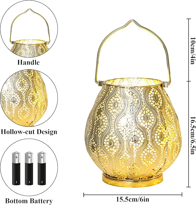 TRIROCKS Set of 2 Moroccan Decorative Lamps 8'' High Cordless Lamp Metal Table Lamps with Fairy Lights Bulb for Home Living Room Garden Yard Party Events Tabletop Indoor Outdoor(Gold) - Bloomnest