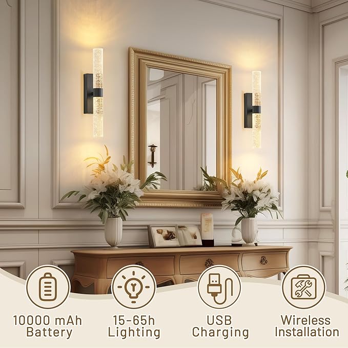 Black Battery Operated Wall Sconce Set of Two,Rechargeable Wireless Wall Lights with Remote Control,350°Rotate,3000K/4000K/6000K,Dimmable,Timer,for Bedroom,Living Room,Hallway,15.3 Inch - Bloomnest