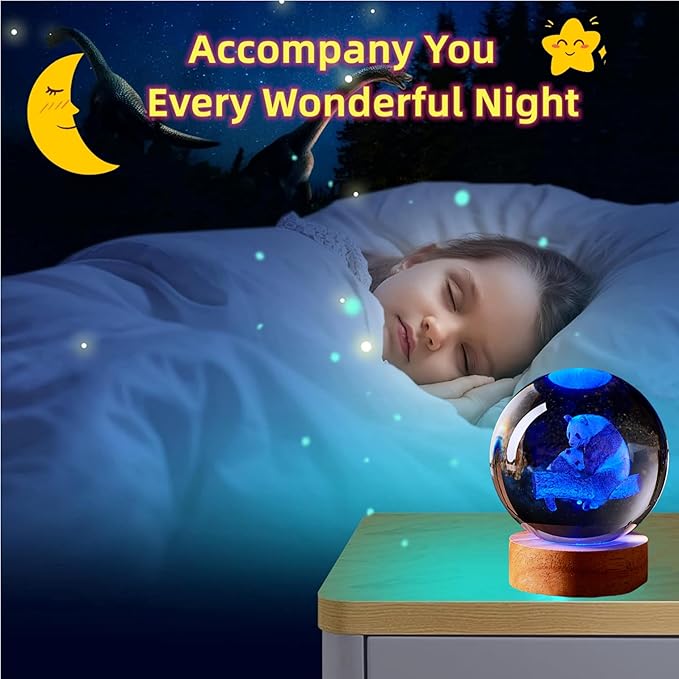 Crystal Ball Panda Family Night Light, 3.15 Inch K9 Crystal Glass Ball, 16 Color Change with Remote Control, Wooden Base Table Lamp, Birthday & - Bloomnest