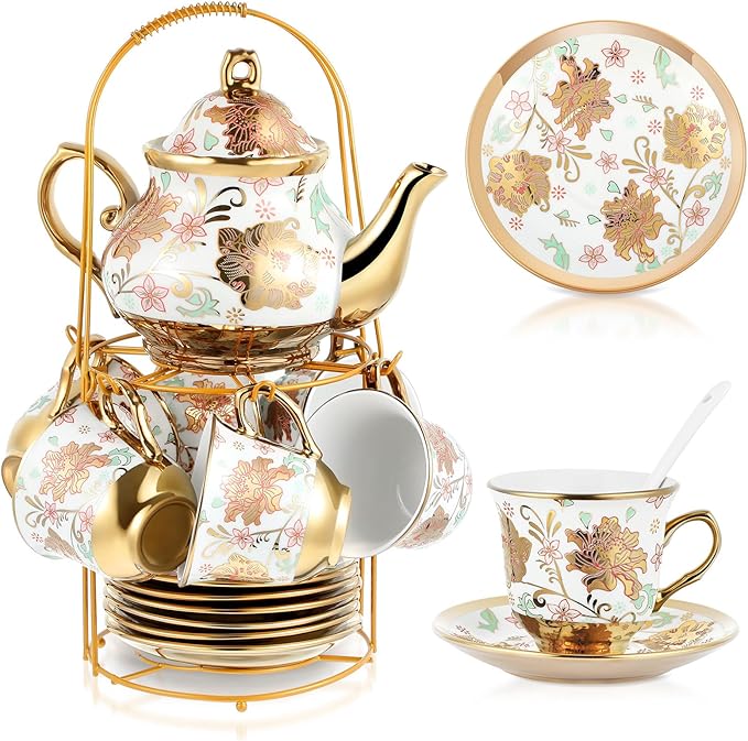 Zhehao 20 Pcs Porcelain Tea Set with Metal Holder and Spoon Adult Ceramic Tea Set European Flower Painting Teapot Cup Saucer Spoon for Women, Large Version(Elegant Style) - Bloomnest