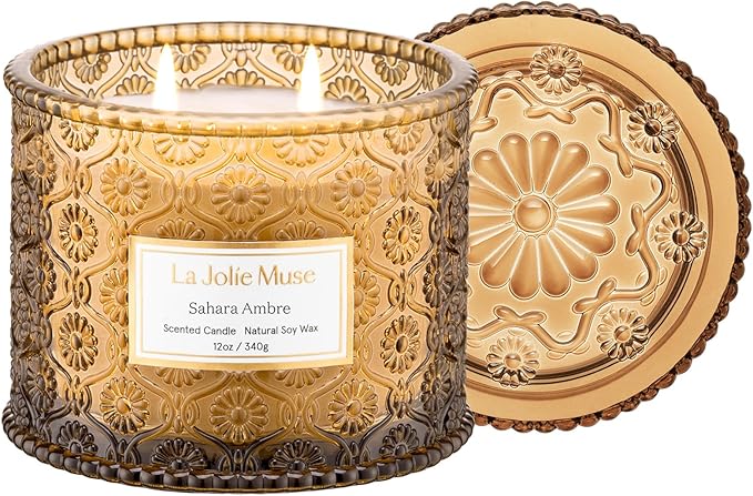 LA JOLIE MUSE Sahara Amber Candle – Bergamot, Clove & Amber | 12 oz Large 2-Wick Soy Wax Candle | 60 Hours Clean Burn | Gift-Ready for Hosts & Gatherings | Elegant Home Décor - Bloomnest