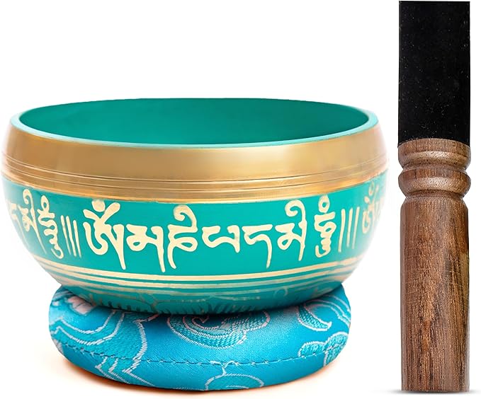 Tibetan Singing Bowl Set Brass - Master Healing Grade - Authentic Handcrafted Sound Bowl by Himalayan Bazaar (Turquoise)