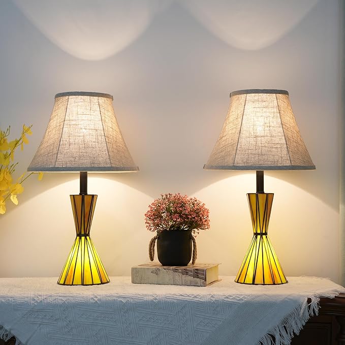 Stained Glass Table Lamps for Living Room 3-Way Dimmable Bedside Desk Lamps with 12 inches White Shade for Living Room Home Office - 2 LED Bulbs Included - Bloomnest