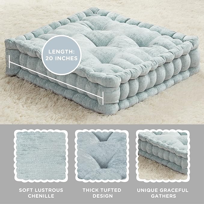 Codi INNA Floor Cushions for Adults, Cute Pillows Seating for Meditation, Square Tufted Chenille Cushion, Living Room, Fireplace, Reading Nook, Aqua 2 Pack - Bloomnest