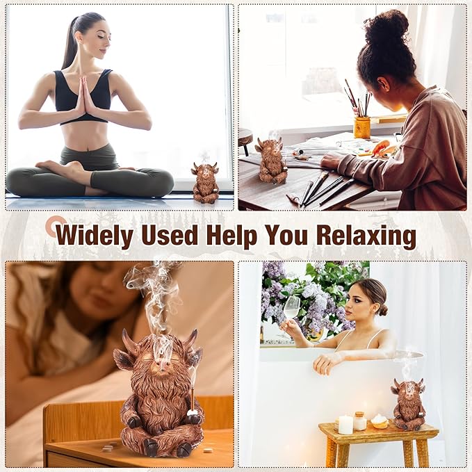 Highland Cow Incense Holder for Sticks, Incense Cone Burner Ornaments, Desk Unique Presents for Women Men Aromatherapy Ornament Home Decor Yoga Meditation Relaxation Office