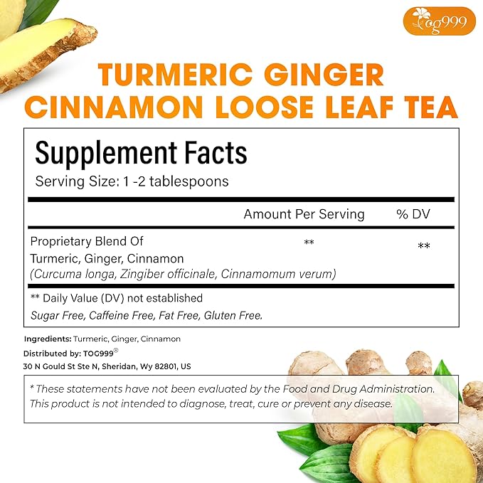 TOG999, Premium 15oz Ginger Turmeric Cinnamon Loose Leaf Herbal Tea - Premium Quality Spiced Herbal Blend – Caffeine-Free, Non-GMO, Natural Dried Roots and Bark. Vegan-Friendly. - Bloomnest