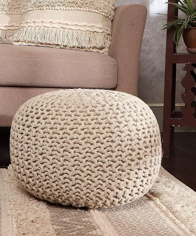 REDEARTH Round Pouf Ottoman - Cable Knitted Boho Poof - Home Décor Cord Pouffe Handmade Circular Footrest for Living Room - Bedroom - Kids Bedroom - 100% Cotton Pouf (19.5"x19.5"x14") - Natural - Bloomnest