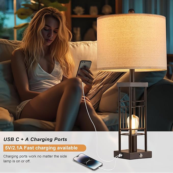 Table Lamp for Living Room Set of 2 with USB Charging Ports, 3-Way Dimmable 27.6" Farmhouse End Lamps for Bedroom, Industrial Nightstand Lamps,Bulbs Included(Oil-Rubbed Bronze) - Bloomnest